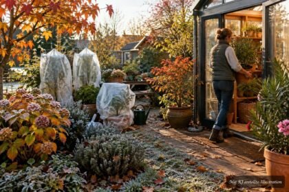 Herbstlicher Garten mit geschützten Pflanzen vor den ersten frostigen Nächten