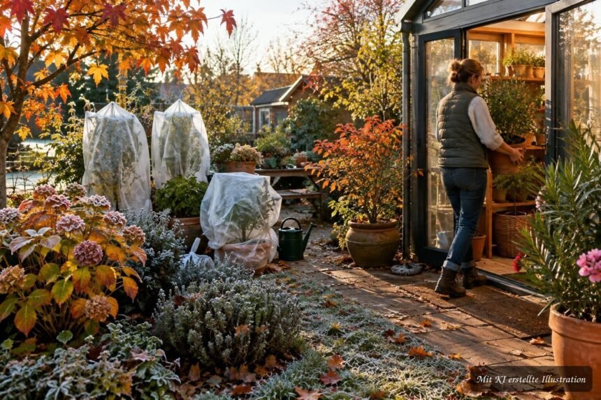 Was sollte man vor dem ersten Frost im Garten erledigen? Herbstlicher Garten mit geschützten Pflanzen vor den ersten frostigen Nächten