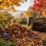 Herbstlaub liegt im Garten und wird zu wertvollem Kompost und natürlichem Dünger verarbeitet