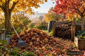 Herbstlaub liegt im Garten und wird zu wertvollem Kompost und natürlichem Dünger verarbeitet
