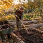 Leere Gemüsebeete im Herbst mit Laub, Kompost und Gründüngung vorbereiten