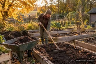 Leere Gemüsebeete im Herbst mit Laub, Kompost und Gründüngung vorbereiten