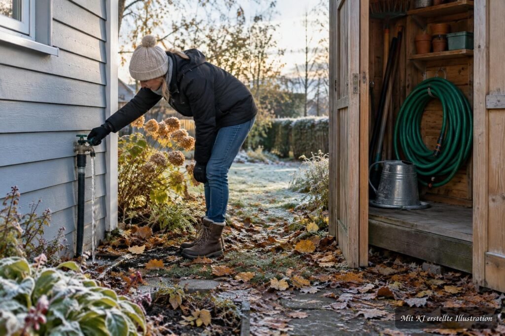 Was sollte man vor dem ersten Frost im Garten erledigen? Wasserleitungen im Garten entleeren und Gartenschläuche vor dem ersten Frost trocken lagern