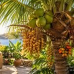 Reife Kokosnüsse, Datteln und exotische Palmenfrüchte an tropischen Palmen