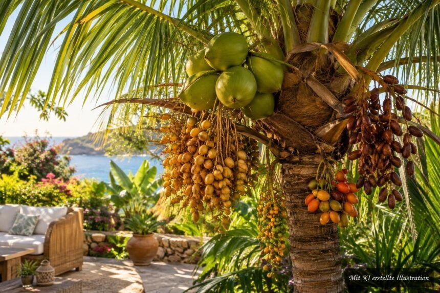 Reife Kokosnüsse, Datteln und exotische Palmenfrüchte an tropischen Palmen