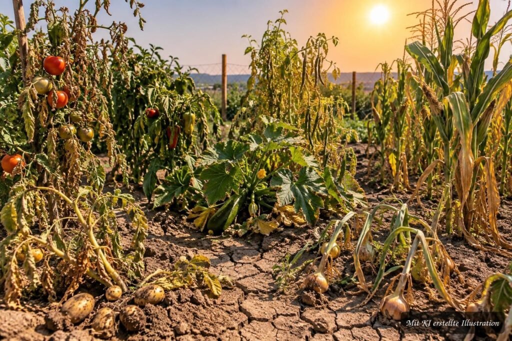 Tomaten, Paprika und Zucchini zeigen im Gemüsegarten 2026 Hitzeschäden und leiden unter anhaltender Trockenheit.