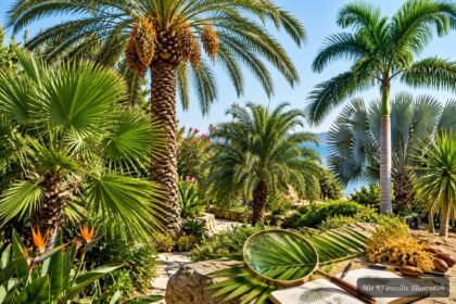 Palmenblätter und Stammmerkmale zur sicheren Bestimmung verschiedener Palmenarten im Garten