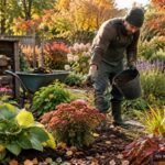 Herbstlicher Garten mit Pflanzen, Laub und passendem Dünger für die Wintervorbereitung