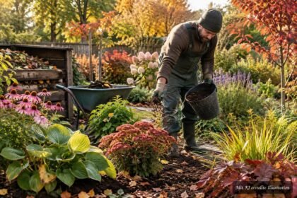 Herbstlicher Garten mit Pflanzen, Laub und passendem Dünger für die Wintervorbereitung