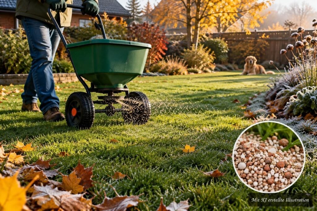 Wann sollte man den Garten im Herbst düngen? Herbstlicher Rasen wird mit geeignetem Dünger für die kalte Jahreszeit vorbereitet.