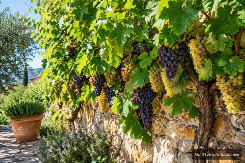 Weinrebe an sonnigem, geschütztem Standort mit reifen Trauben im Garten