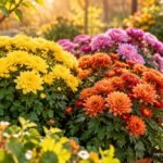 Blühende Chrysanthemen in leuchtenden Herbstfarben schmücken einen gepflegten Garten