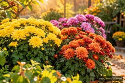 Blühende Chrysanthemen in leuchtenden Herbstfarben schmücken einen gepflegten Garten