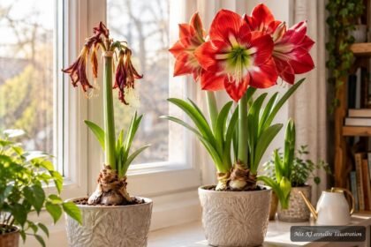 Verblühte Amaryllis im Topf, die mit richtiger Pflege erneut prächtig blühen kann