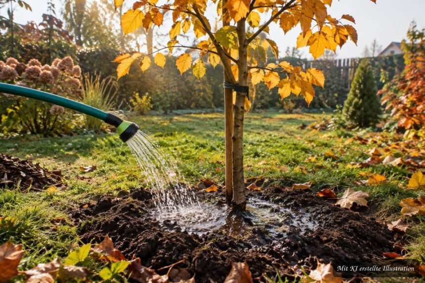Frisch gepflanzter Baum wird im Herbst mit Wasser aus einer Gießkanne versorgt