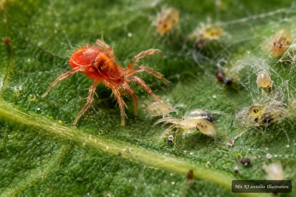Raubmilben oder Spinnmilben? So erkennen Sie den Unterschied sicher Nahaufnahme einer Raubmilbe auf einem Blatt zur sicheren Unterscheidung von Spinnmilben