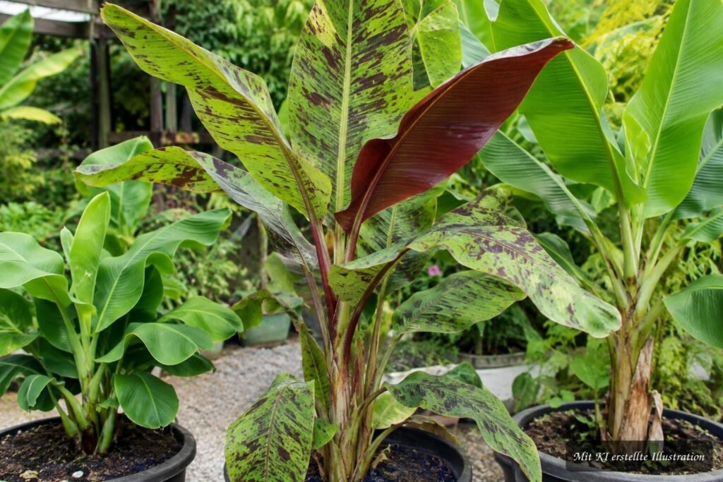 Blutbanane (Musa zebrina) mit rot gefleckten Blättern im Vergleich zu gewöhnlichen Bananenpflanzen
