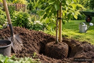 Junger Baum wird fachgerecht in ein passendes Pflanzloch im Garten gesetzt