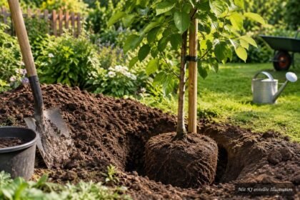 Junger Baum wird fachgerecht in ein passendes Pflanzloch im Garten gesetzt