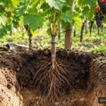 Veredelte Weinrebe wird im Garten mit passender Pflanztiefe eingesetzt.