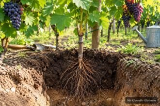 Veredelte Weinrebe wird im Garten mit passender Pflanztiefe eingesetzt.