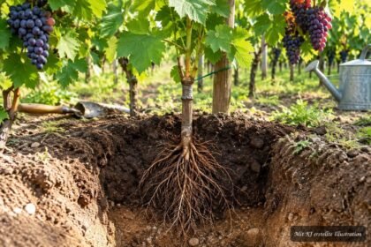 Veredelte Weinrebe wird im Garten mit passender Pflanztiefe eingesetzt.