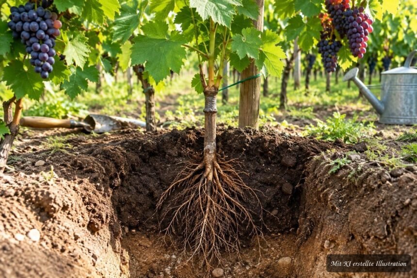 Wie tief wird eine veredelte Weinrebe gepflanzt? Veredelte Weinrebe wird im Garten mit passender Pflanztiefe eingesetzt.
