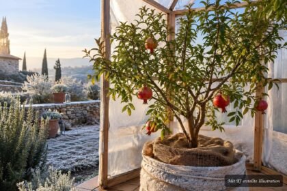 Granatapfelbaum im Topf, vorbereitet für die geschützte Überwinterung an einem hellen Standort