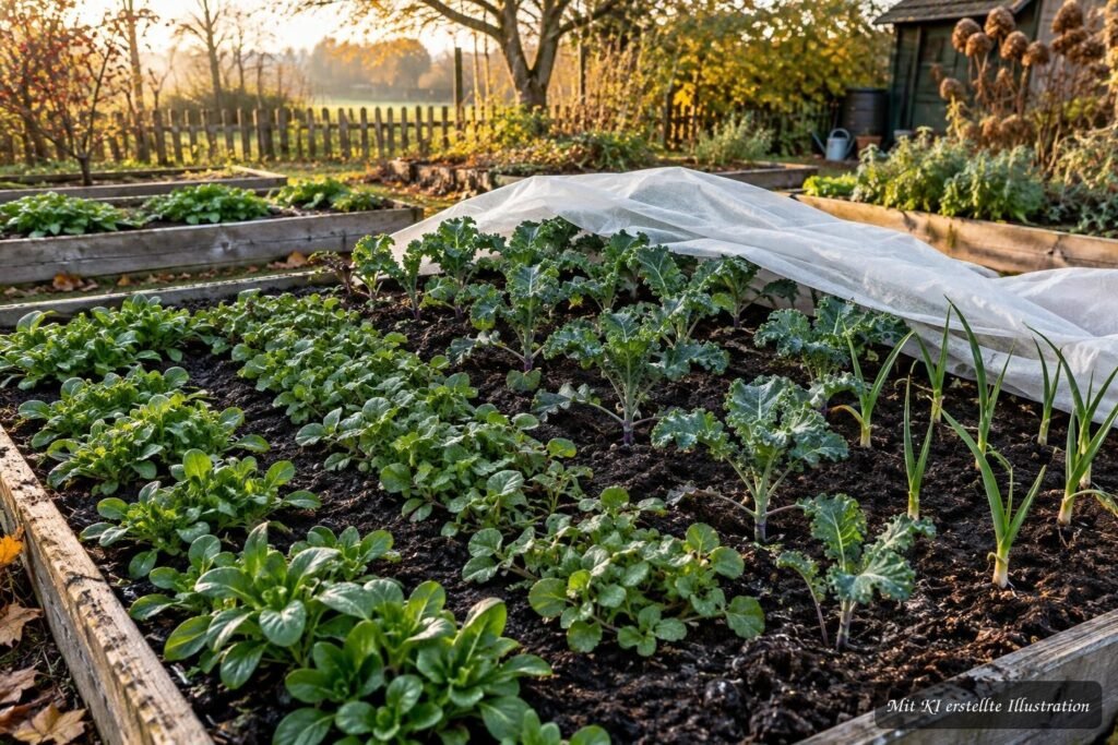 Leeres Gemüsebeet im Herbst mit frisch gepflanztem Wintergemüse und fallenden Blättern