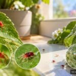 Winzige rote Milben krabbeln auf einem grünen Pflanzenblatt nahe einer Fensterbank