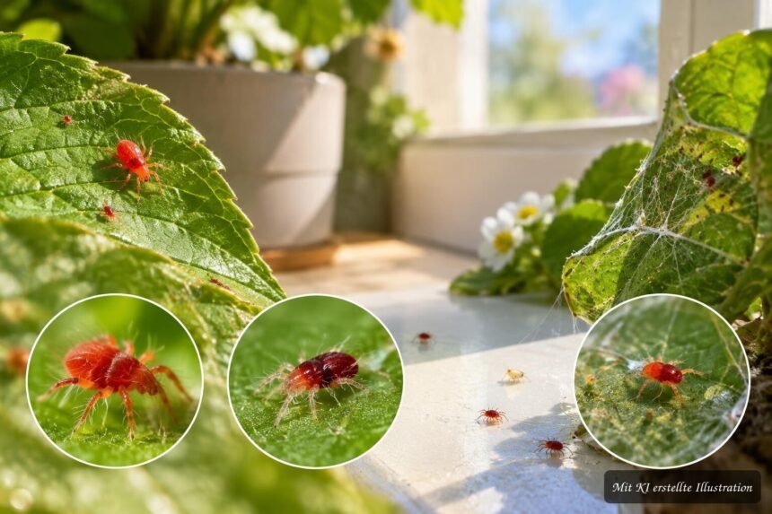 Winzige rote Milben krabbeln auf einem grünen Pflanzenblatt nahe einer Fensterbank