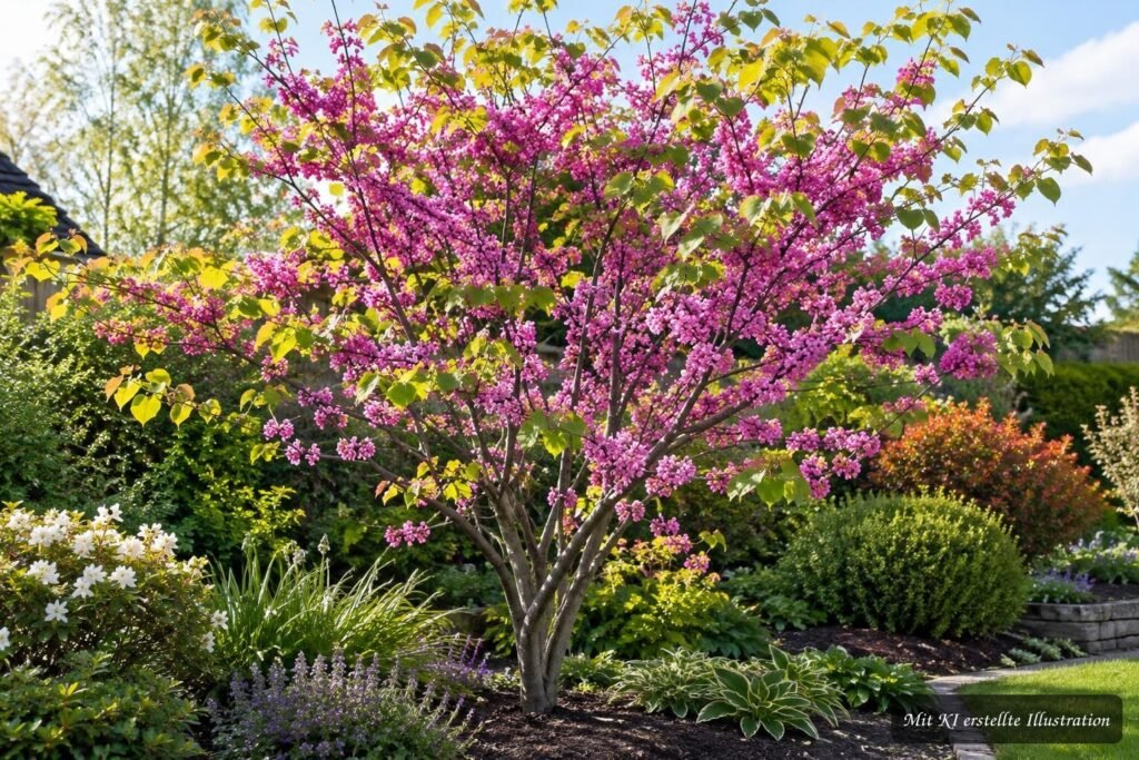 Kanadischer Judasbaum mit rosafarbenen Blüten an einem sonnigen, geschützten Gartenplatz