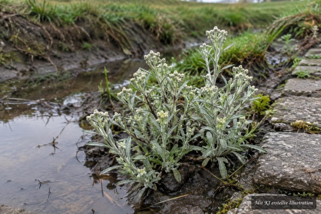 Sumpf-Ruhrkraut (Gnaphalium uliginosum) auf feuchtem, nährstoffreichem Boden am Gewässerrand