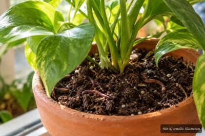 Wurm in Blumenerde zwischen Pflanzenwurzeln als möglicher nützlicher oder schädlicher Untermieter