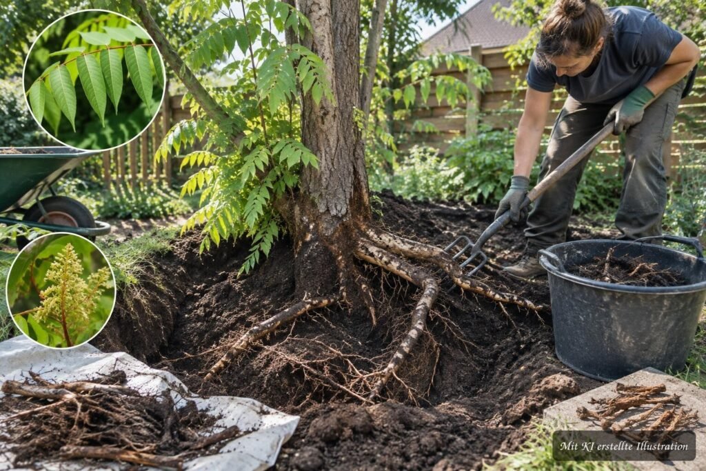 Wurzelausläufer des Essigbaums werden beim sorgfältigen Ausgraben im Garten entfernt.