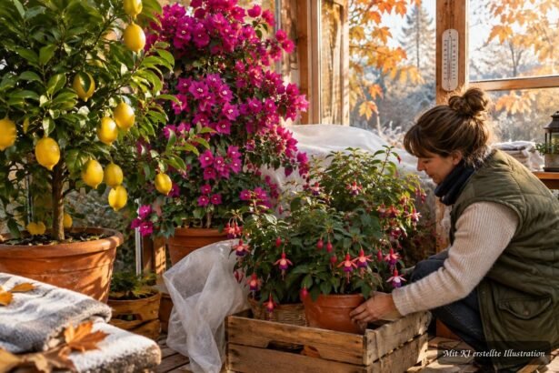Zitrusbaum, Bougainvillea und Fuchsie werden sorgfältig auf die frostfreie Überwinterung vorbereitet