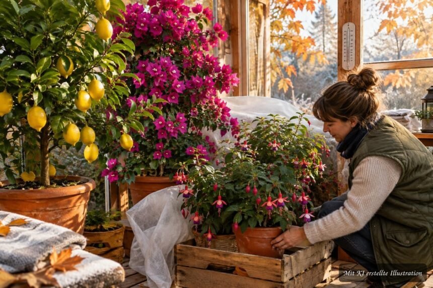 Zitrusbaum, Bougainvillea und Fuchsie werden sorgfältig auf die frostfreie Überwinterung vorbereitet