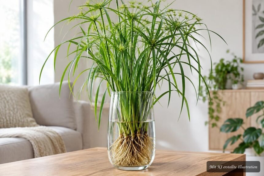 Zyperngras wächst dauerhaft im Wasser in einem minimalistischen Glasgefäß im Wohnzimmer